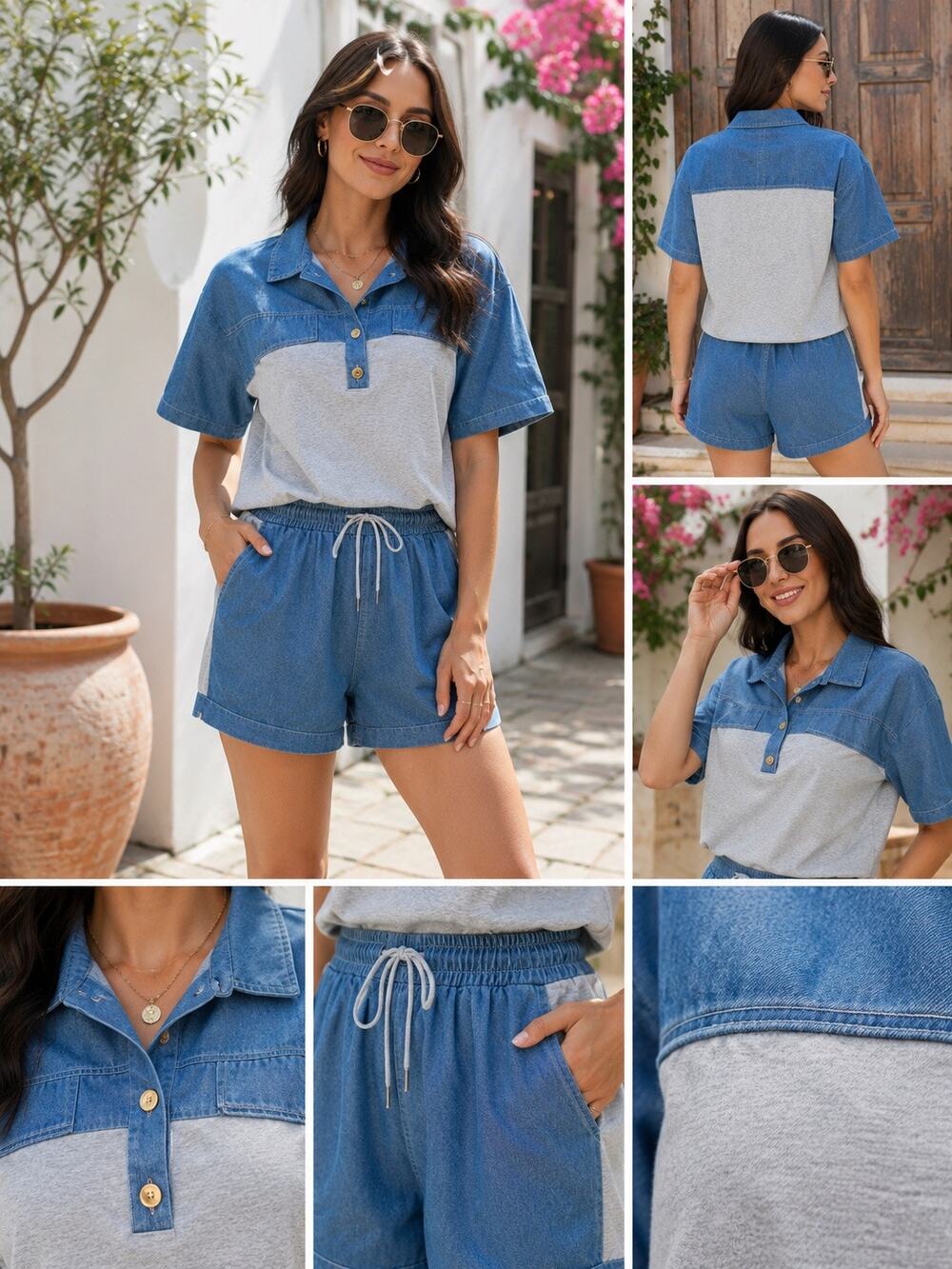 Denim Color Block Lounge Set